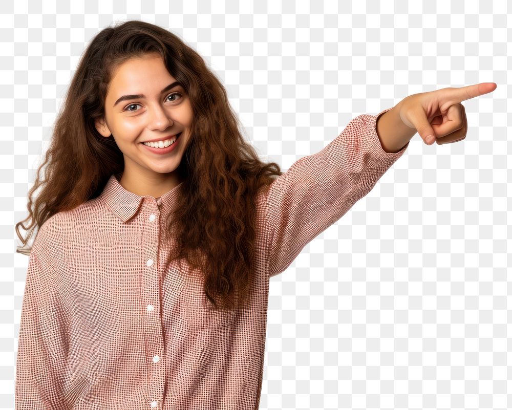 PNG  Young woman smile pointing adult. AI generated Image by rawpixel.