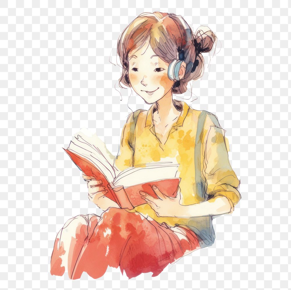 PNG Cartoon woman reading book drawing sketch publication. AI generated Image by rawpixel.