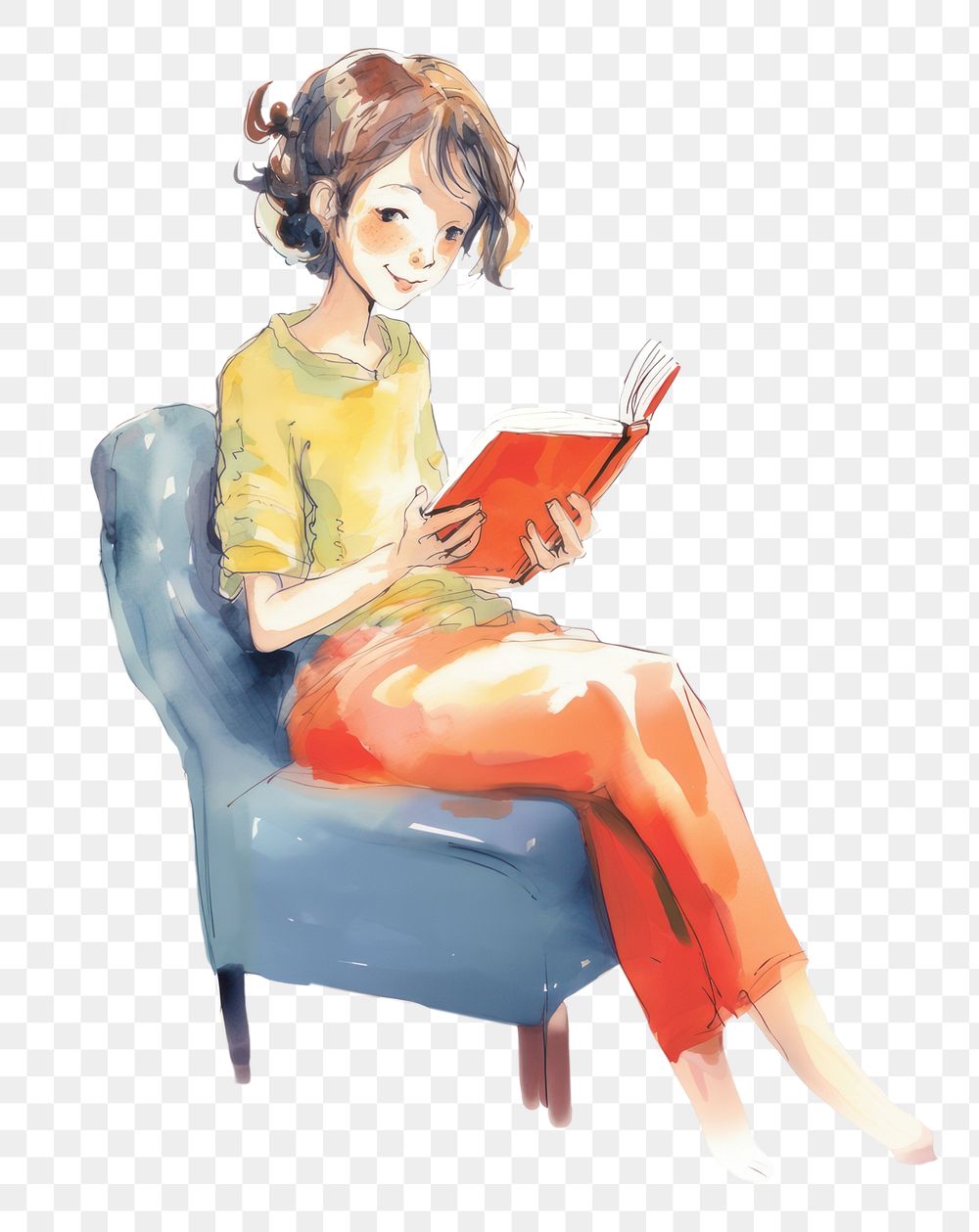 PNG Cartoon woman reading book publication furniture painting. AI generated Image by rawpixel.