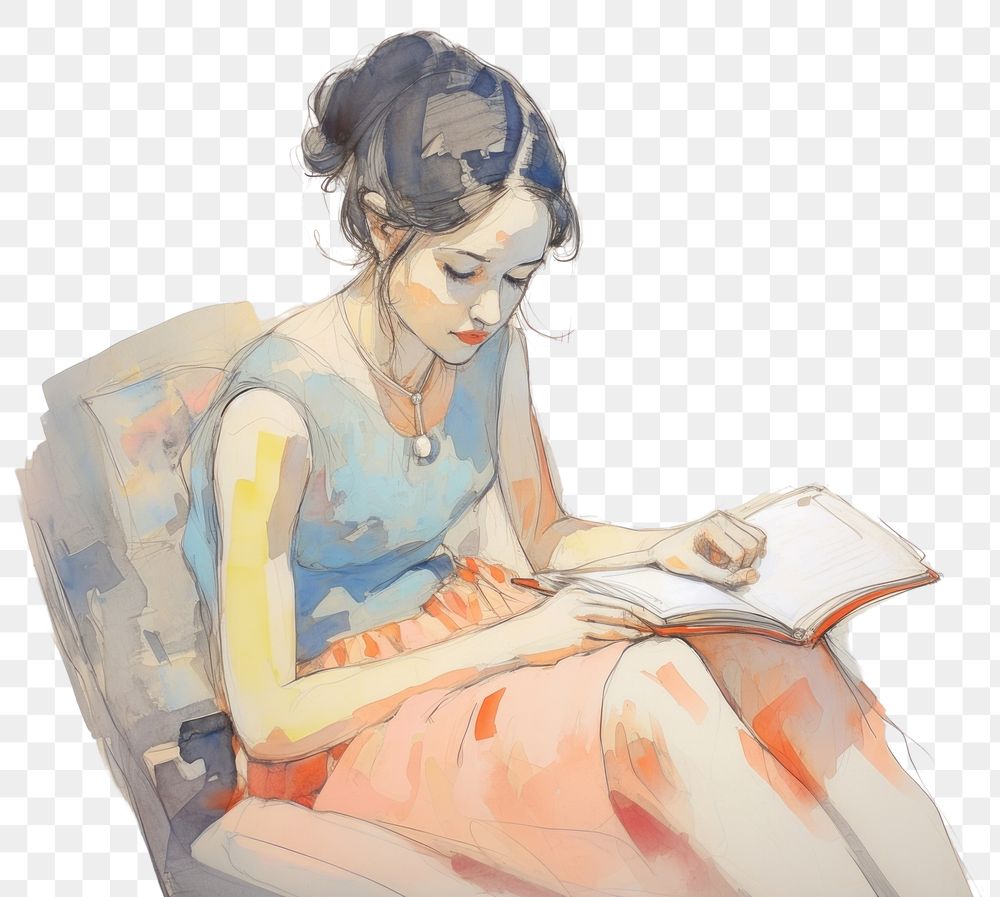 PNG Woman reading book drawing sketch painting. AI generated Image by rawpixel.