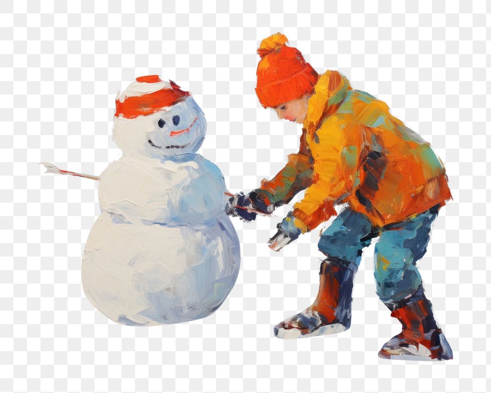 PNG Kid building a snowman painting outdoors winter. AI generated Image by rawpixel.