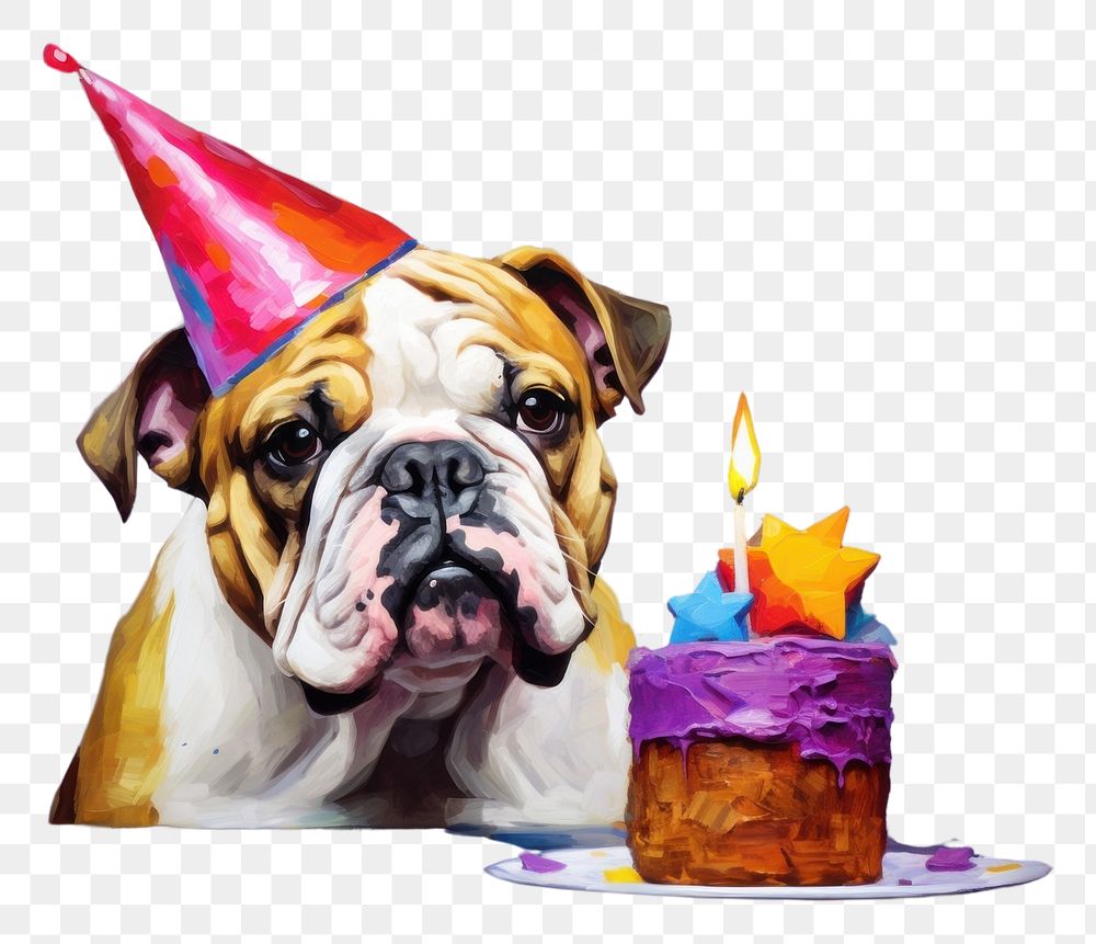 PNG Bulldog wear birthday hat cake dessert mammal. AI generated Image by rawpixel.