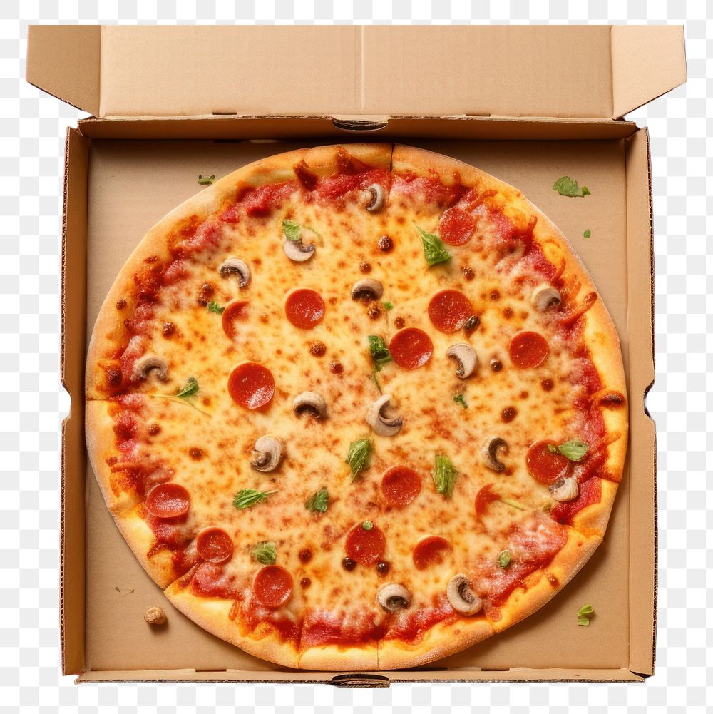 PNG  Delicious pizza box food zwiebelkuchen pepperoni. AI generated Image by rawpixel.