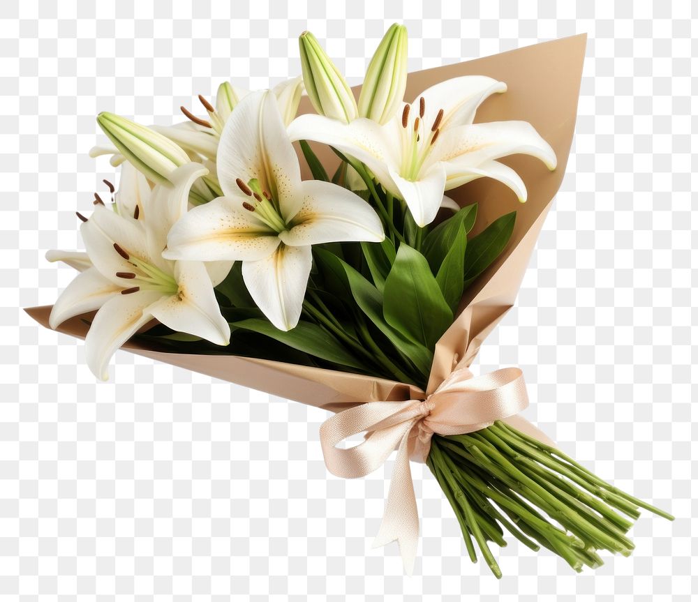PNG Lily bouquet wrapped in paper flower plant white. AI generated Image by rawpixel.