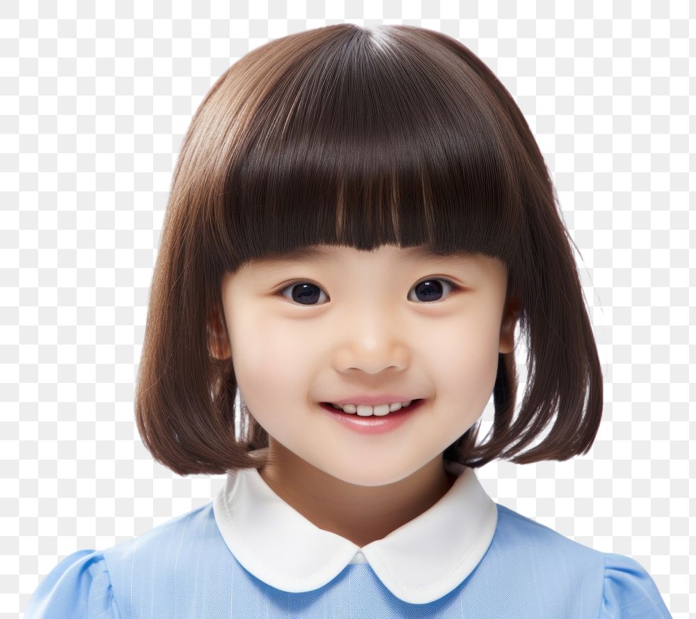 PNG Little korean girl with bangs blue shirt portrait smile white background. AI generated Image by rawpixel.