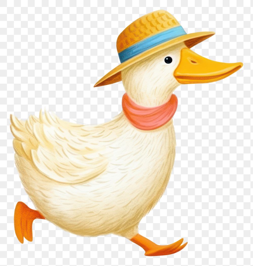 PNG Cute duck walking happy wearing straw hat animal bird beak. AI generated Image by rawpixel.