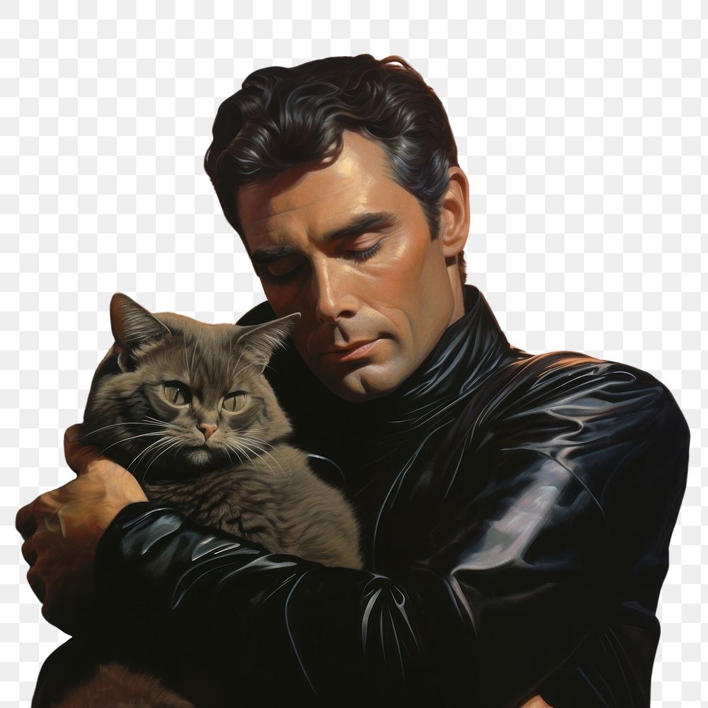 PNG Man hugging with a cat portrait animal mammal. AI generated Image by rawpixel.