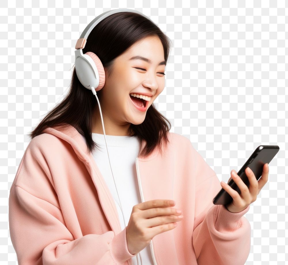 PNG Asian teenage girl streaming online music on mobile phone headphones laughing headset. AI generated Image by rawpixel.