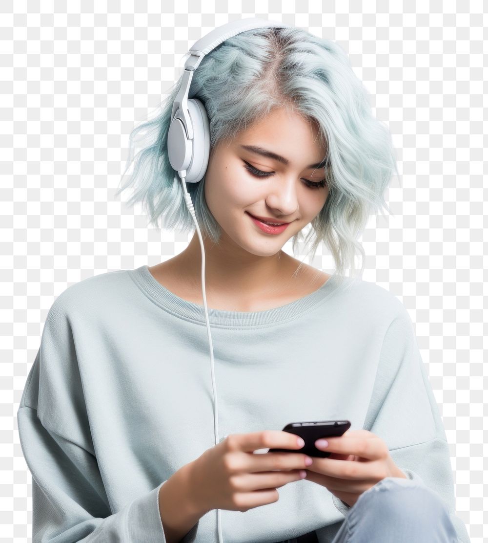 PNG Teenage girl streaming online music on mobile phone headphones portrait adult. AI generated Image by rawpixel.