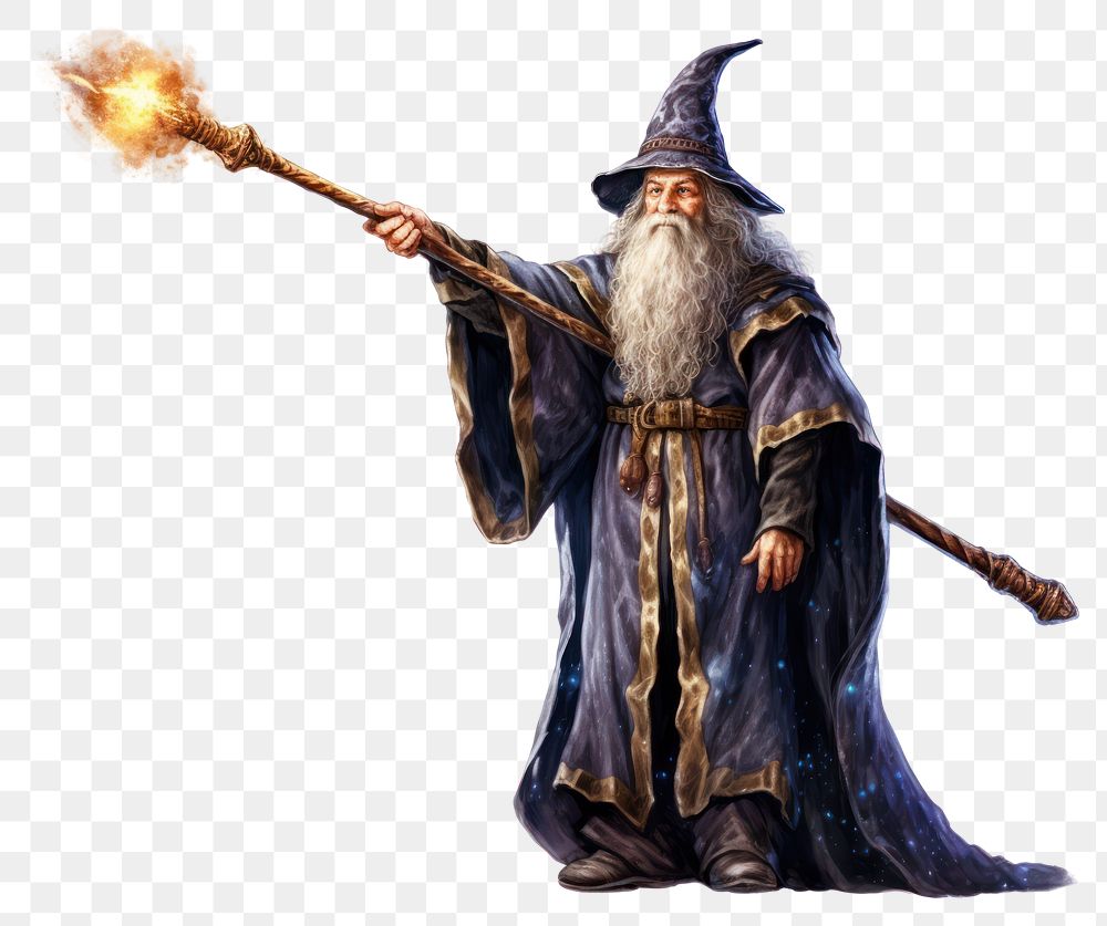 PNG  Wizard holding a magic wand white background headwear clothing. AI generated Image by rawpixel.