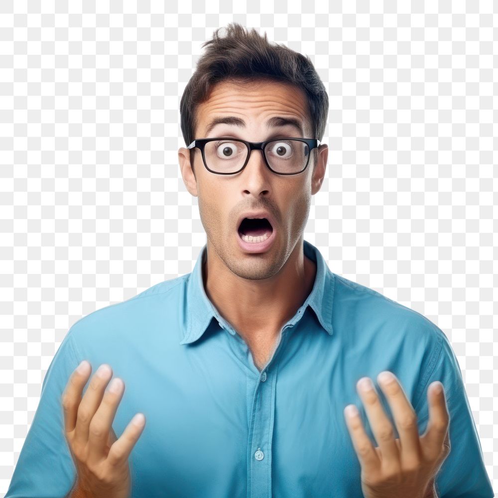 PNG  Blue shirt is acting frightened closed up glasses adult man. 