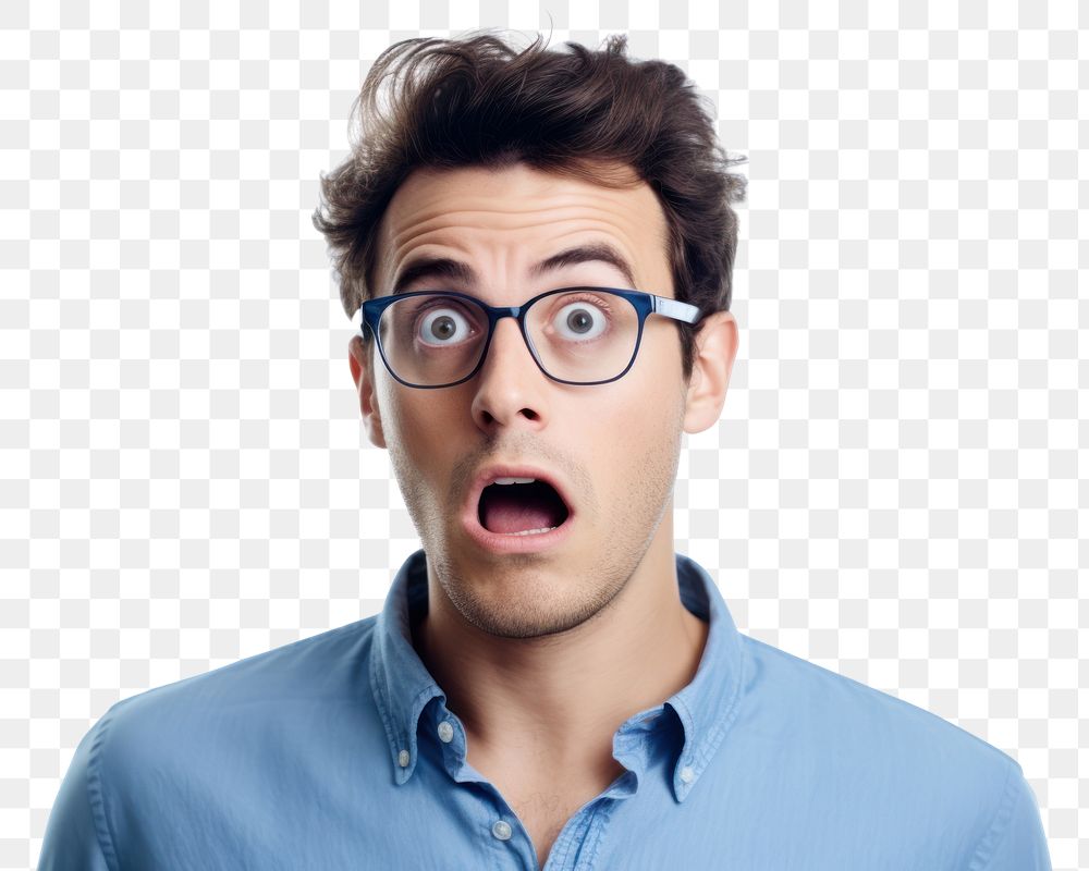 PNG  Blue shirt is acting frightened closed up glasses adult man. AI generated Image by rawpixel.