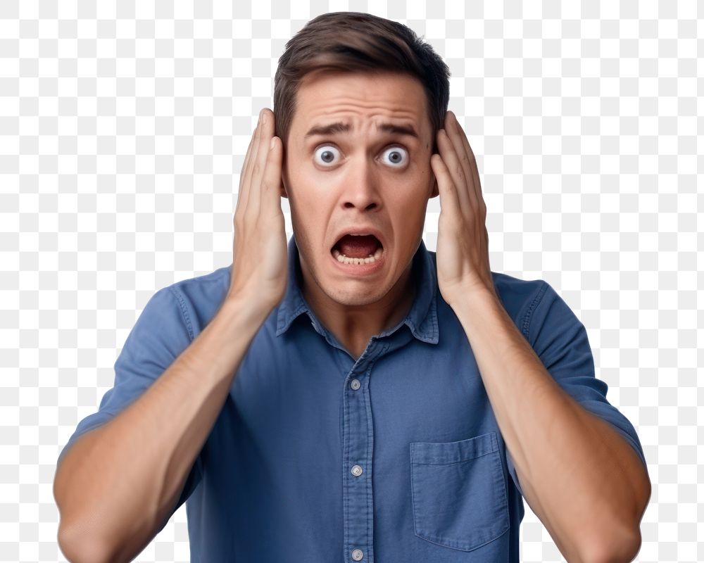PNG  Blue shirt is acting frightened closed up adult man white background. AI generated Image by rawpixel.
