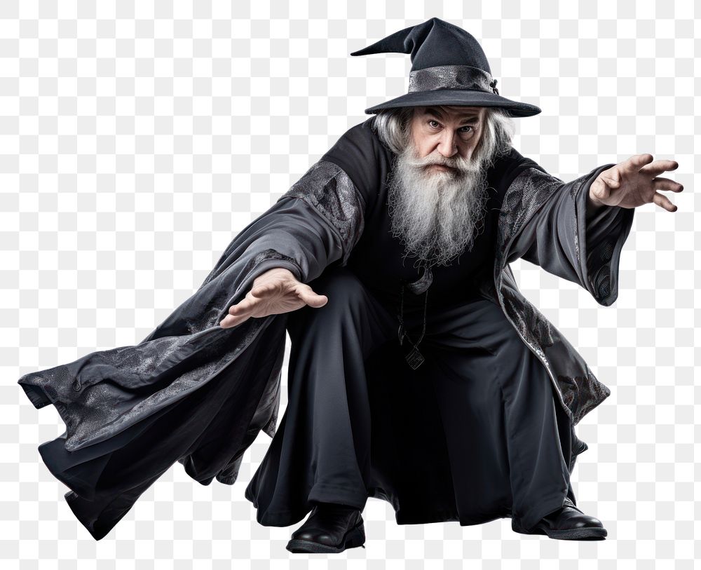 PNG  Grey-haired bearded wizard in a gray cassock and a cap is practicing sorcery adult white background portrait. AI…