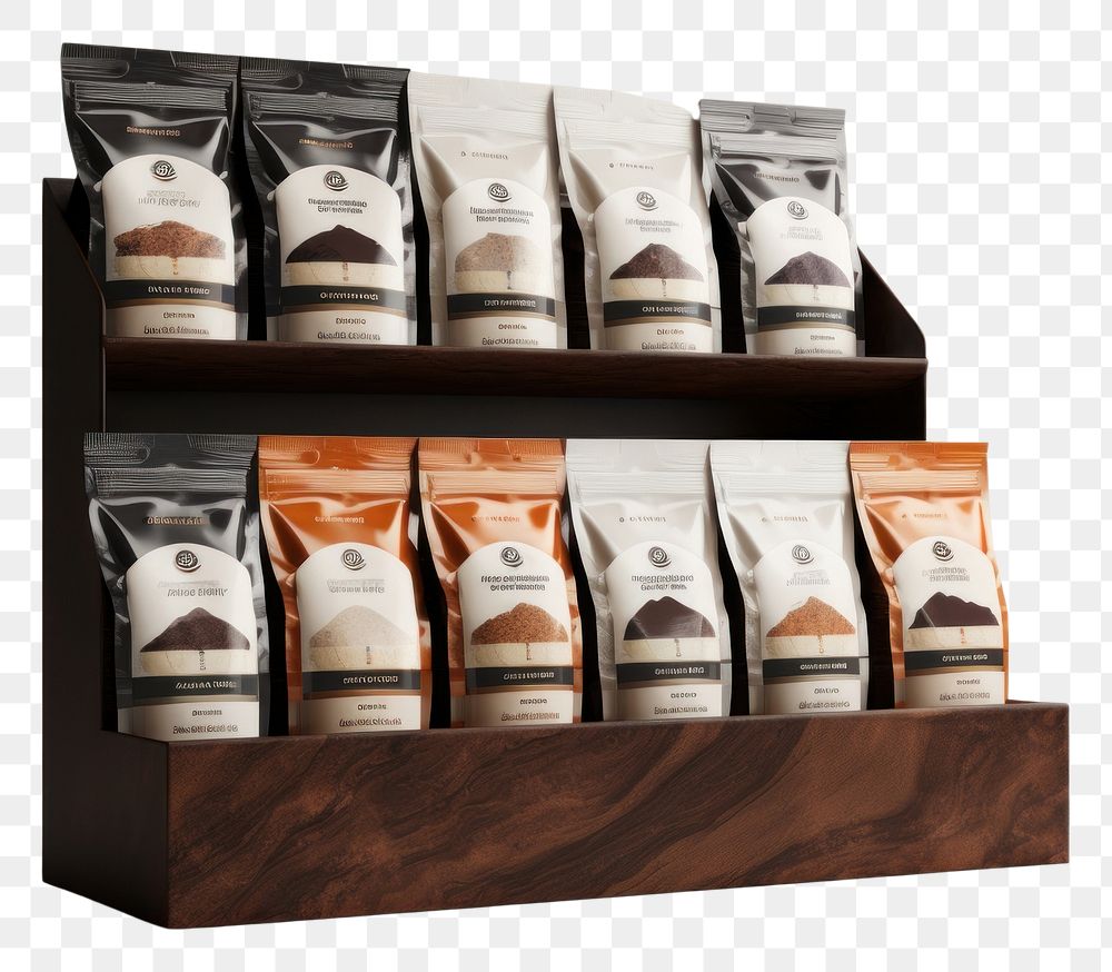 PNG  Espresso pouch coffee minimal mountain package shelf arrangement variation. AI generated Image by rawpixel.