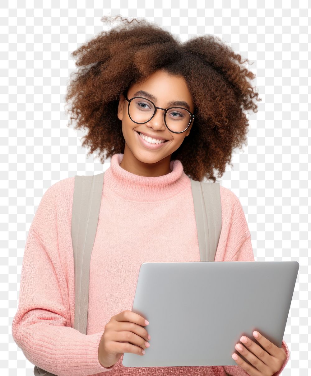 PNG  Portrait of smiling african american teen girl glasses laptop computer. 