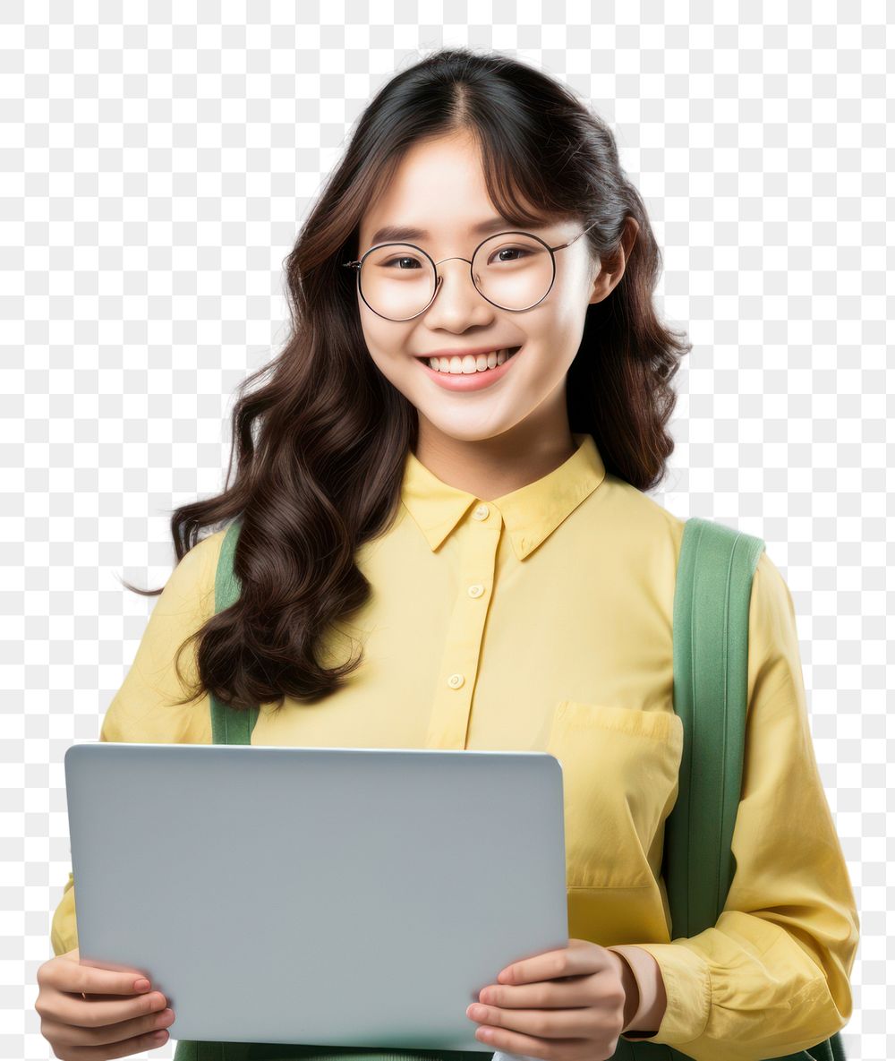 PNG  Portrait of smiling Asia teen girl glasses laptop computer