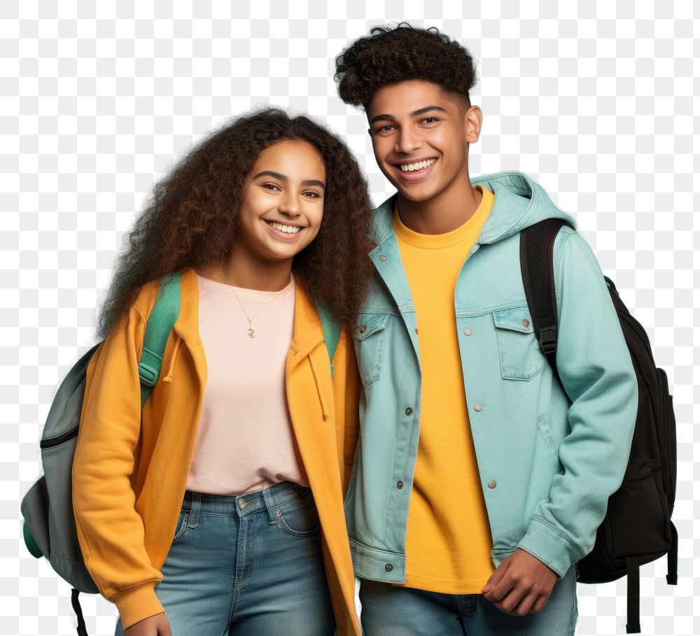 PNG Latinx high school students backpack jacket happy. AI generated Image by rawpixel.