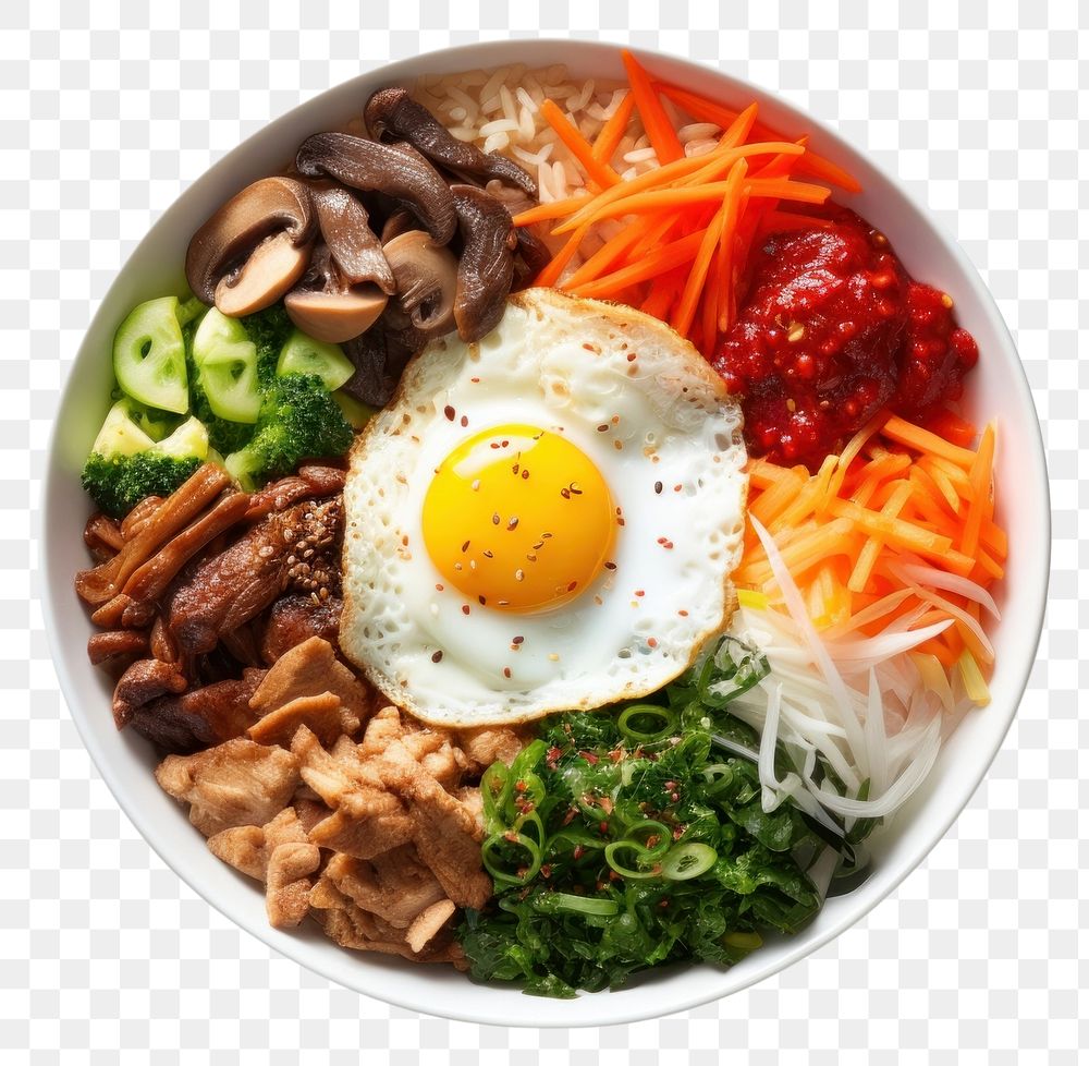 PNG  Bibimbap bowl noodle lunch meal. AI generated Image by rawpixel.