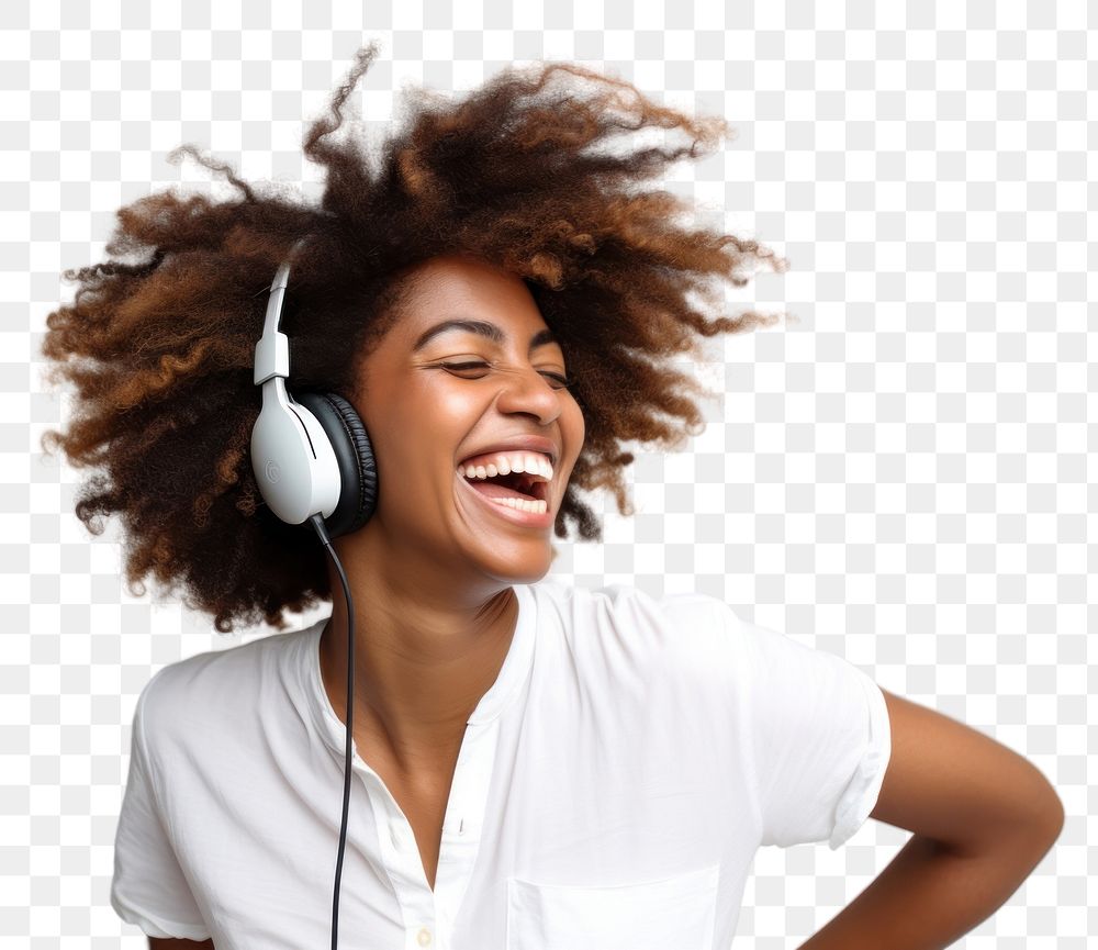 PNG  Listening to music headphones laughing headset. AI generated Image by rawpixel.