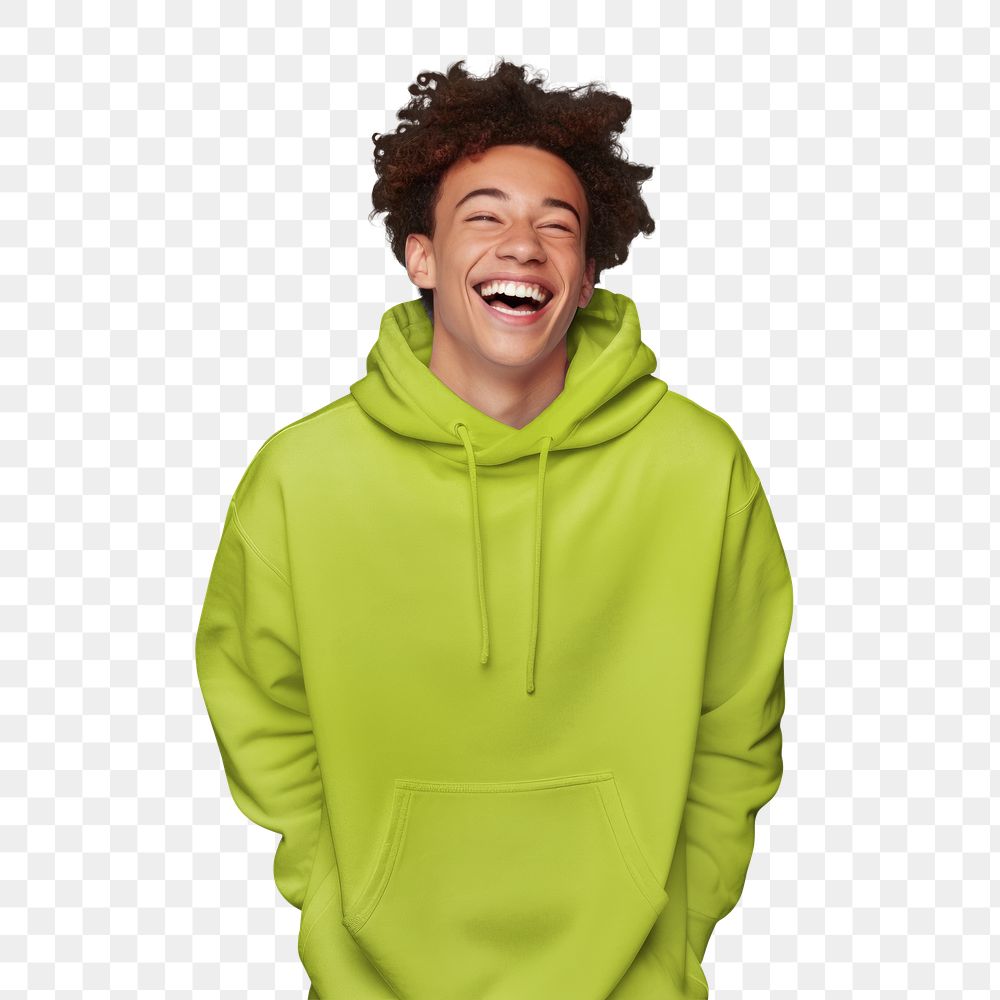 Happy man png in green hoodie, transparent background