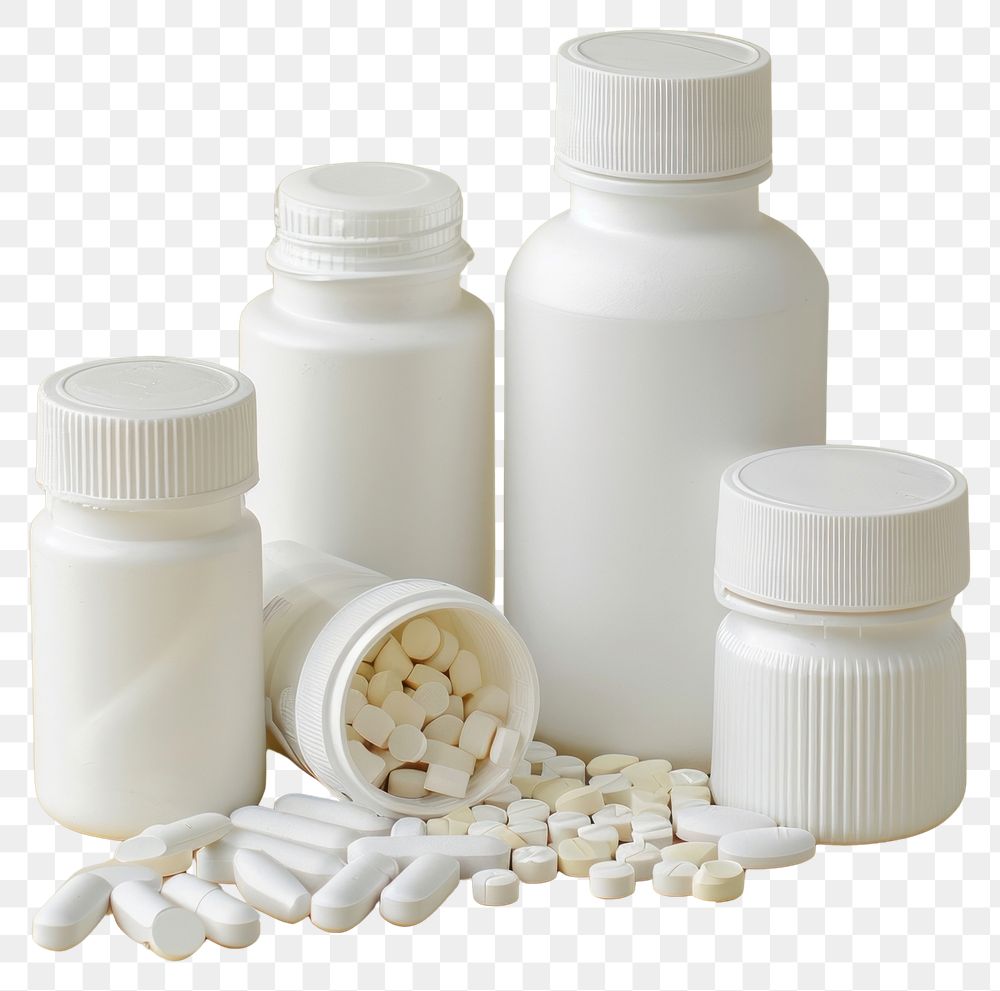 PNG  White medicine in plastic bottles pill medication container. AI generated Image by rawpixel.