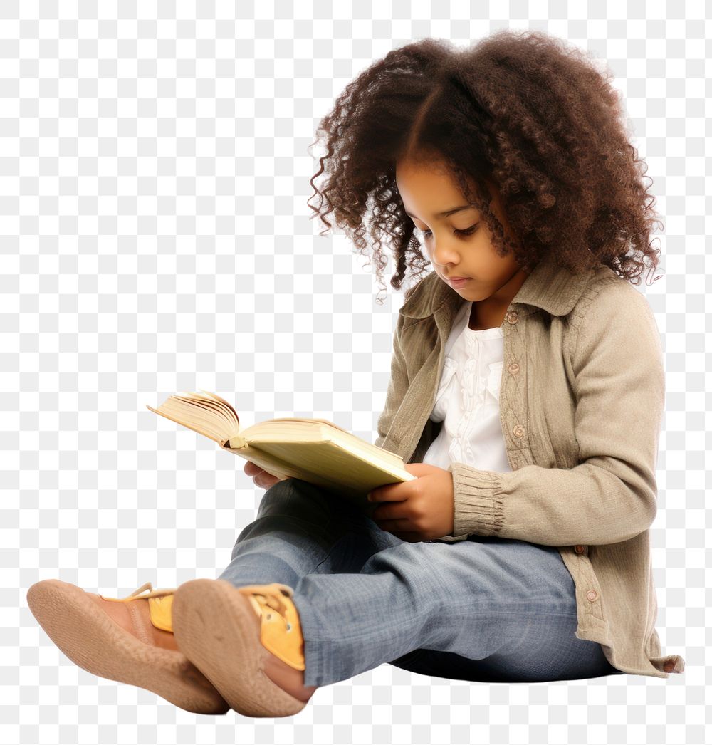 PNG  African-american girl reading book sitting child white background. AI generated Image by rawpixel.