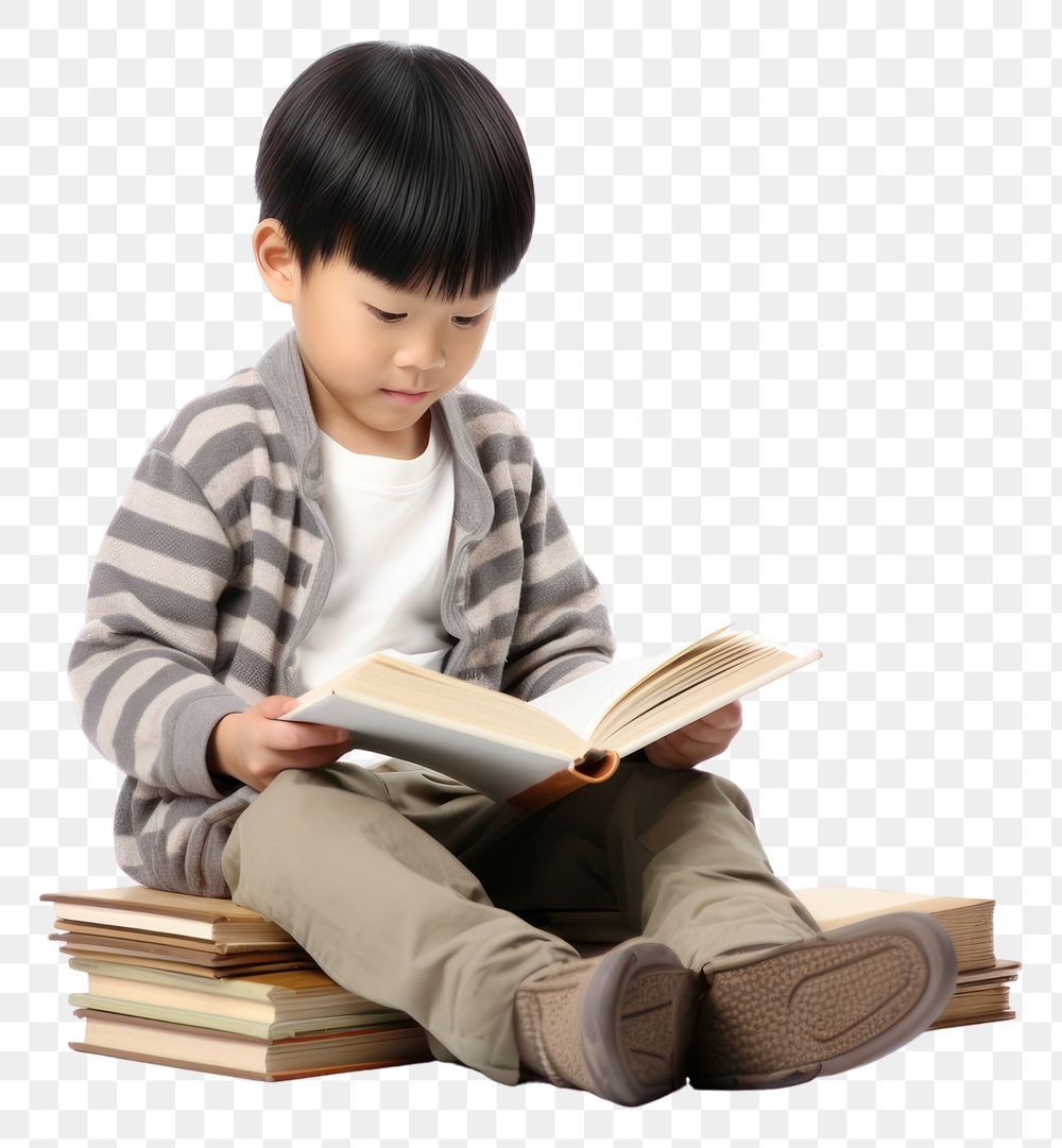 PNG  Asian boy reading book sitting child white background. AI generated Image by rawpixel.