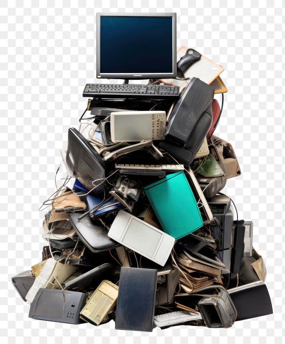 PNG A Waste bin full of electronic devices electronics recycling computer. AI generated Image by rawpixel.