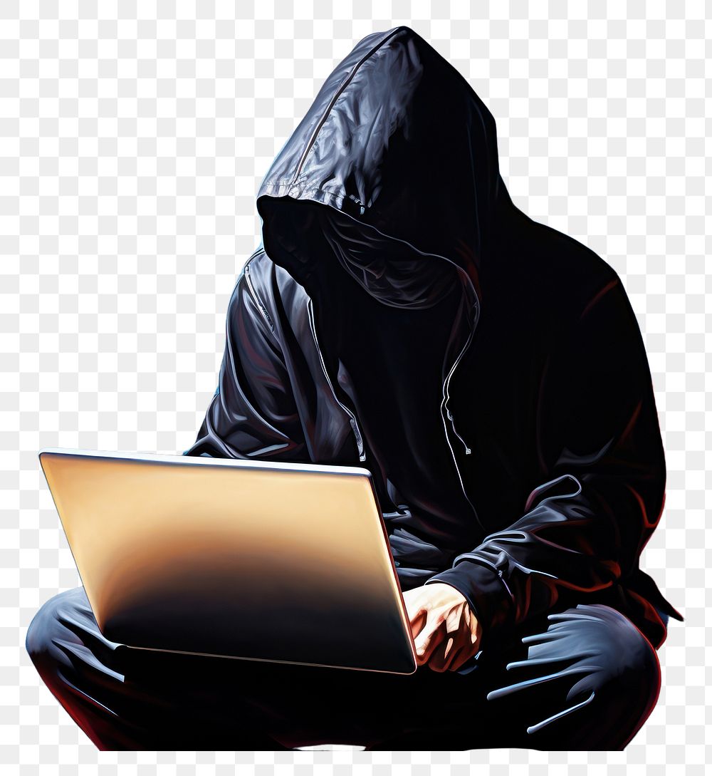 PNG Anonymous young man hacker in black hood wearing mask sitting playing laptop isolated on a white background computer…