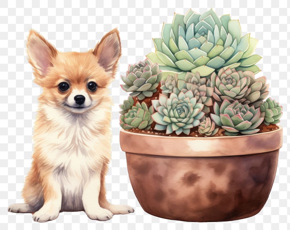 PNG A cute mini cactus pot is placed amidst desert plants with a baby cat sitting beside it mammal animal pet. AI generated…