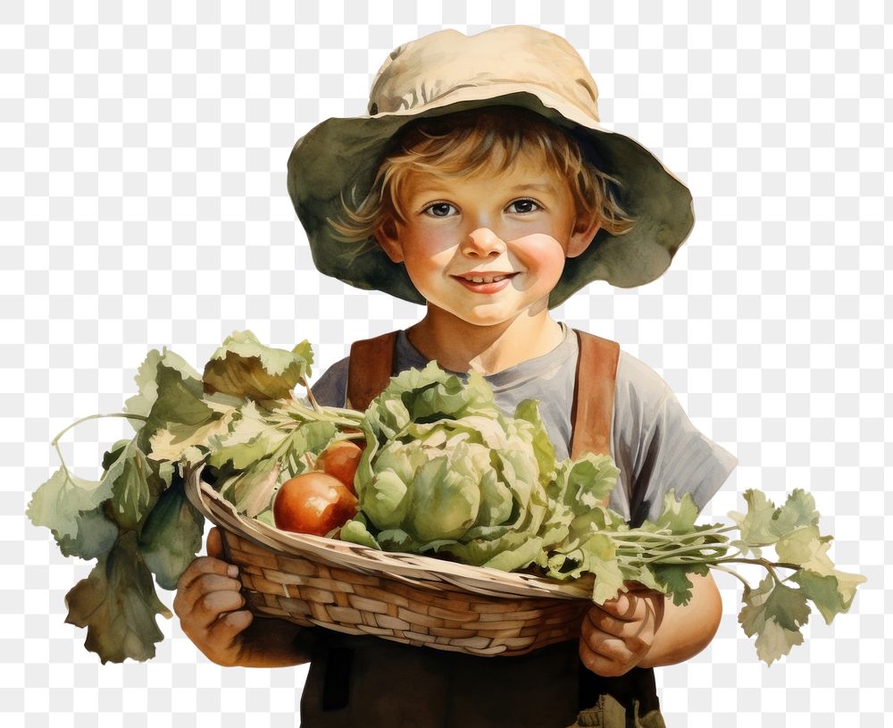 PNG A kid with mini basket filled with fresh healthy vegetables portrait plant food. AI generated Image by rawpixel.