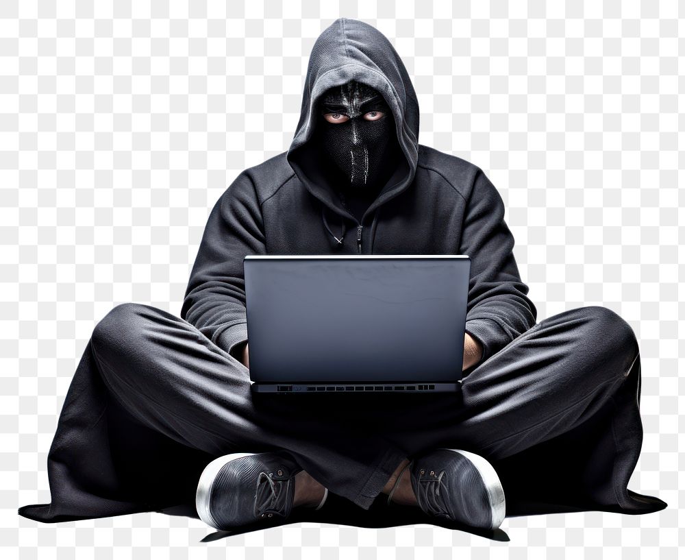 PNG Anonymous young man hacker in hood sitting playing laptop computer portrait electronics. AI generated Image by rawpixel.