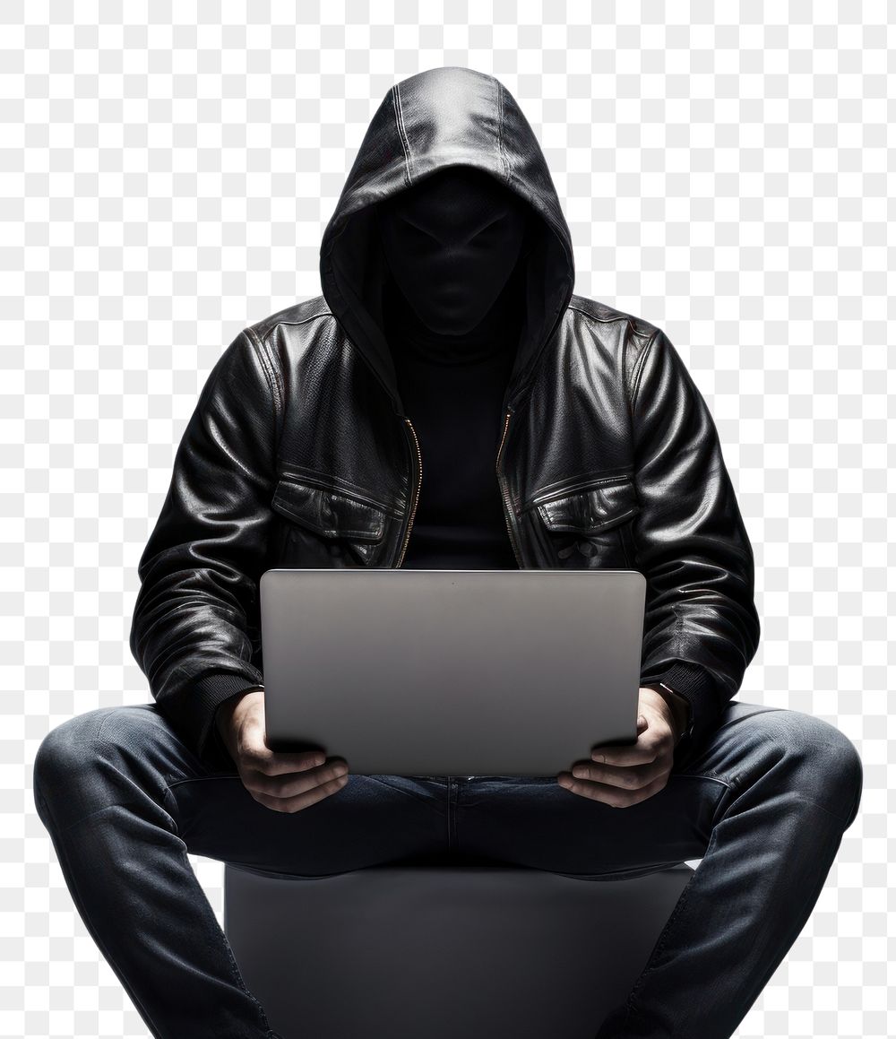 PNG Anonymous young man hacker in hood sitting playing laptop sweatshirt computer portrait. AI generated Image by rawpixel.