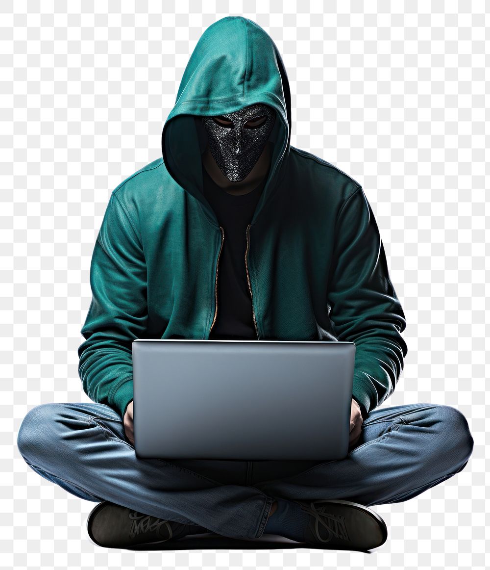 PNG Anonymous young man hacker in hood wearing mask sitting playing laptop sweatshirt computer electronics. AI generated…