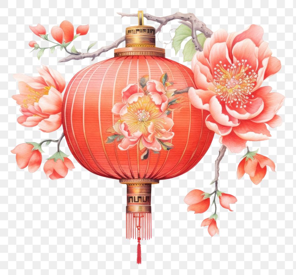 PNG Chinese lantern with flowers red white background celebration. AI generated Image by rawpixel.