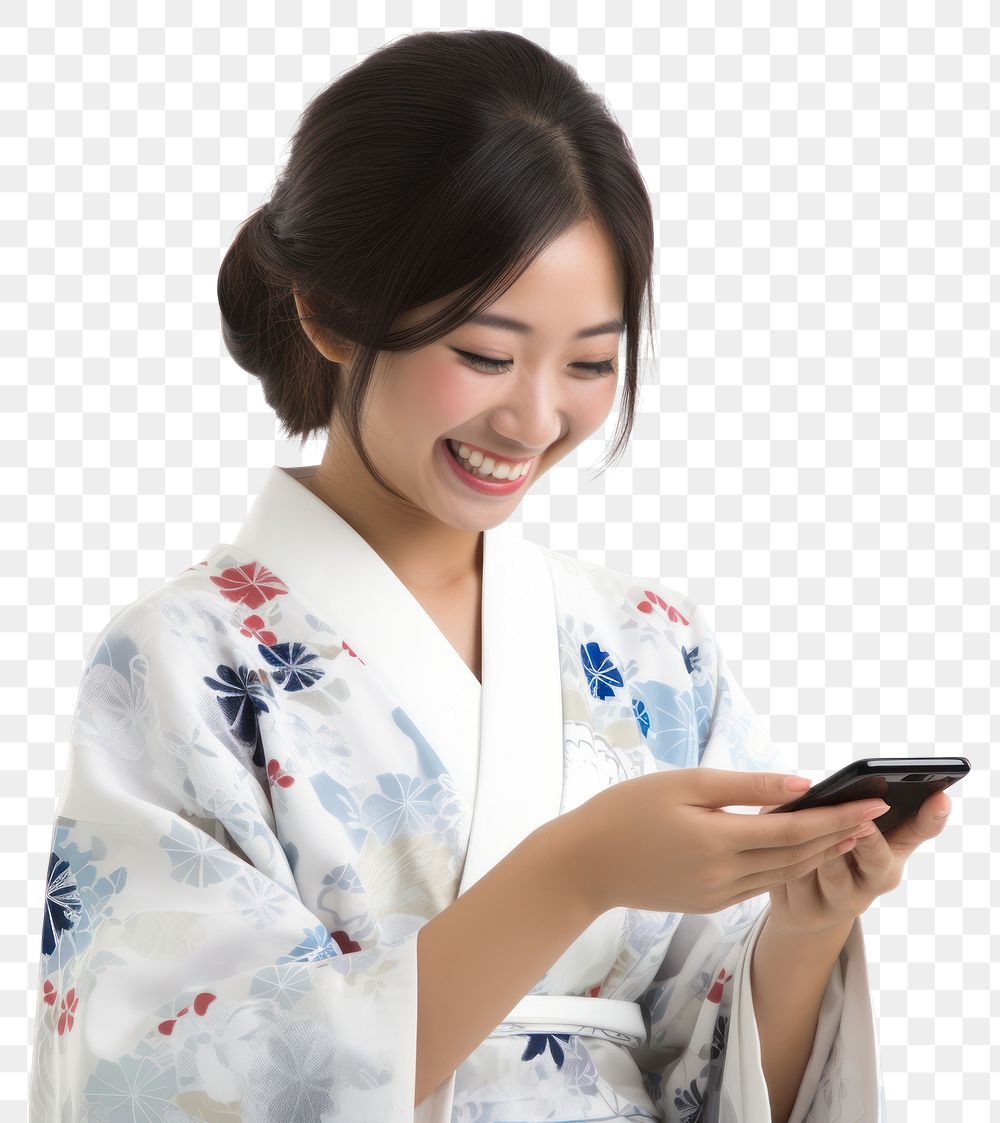 PNG Japanese girl a happy and smiling Face kimono adult phone. AI generated Image by rawpixel.