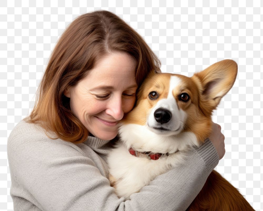 PNG  American middle age woman hugging pembroke welsh corgi pet portrait looking. AI generated Image by rawpixel.
