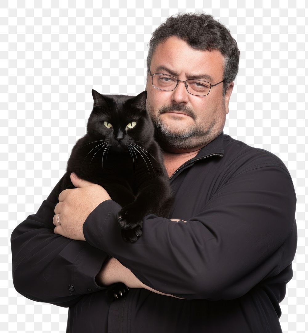 PNG  American middle age chubby man hugging black cat pet portrait glasses. AI generated Image by rawpixel.