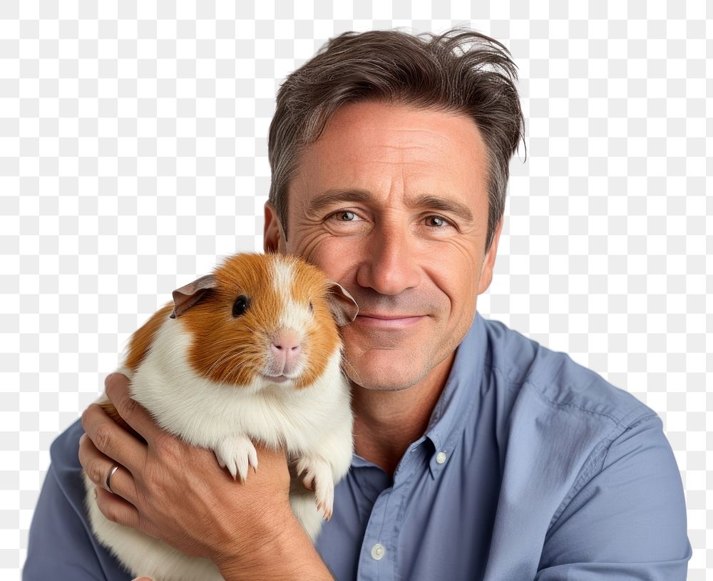 PNG  American middle age man hugging guinea pig animal person adult. AI generated Image by rawpixel.
