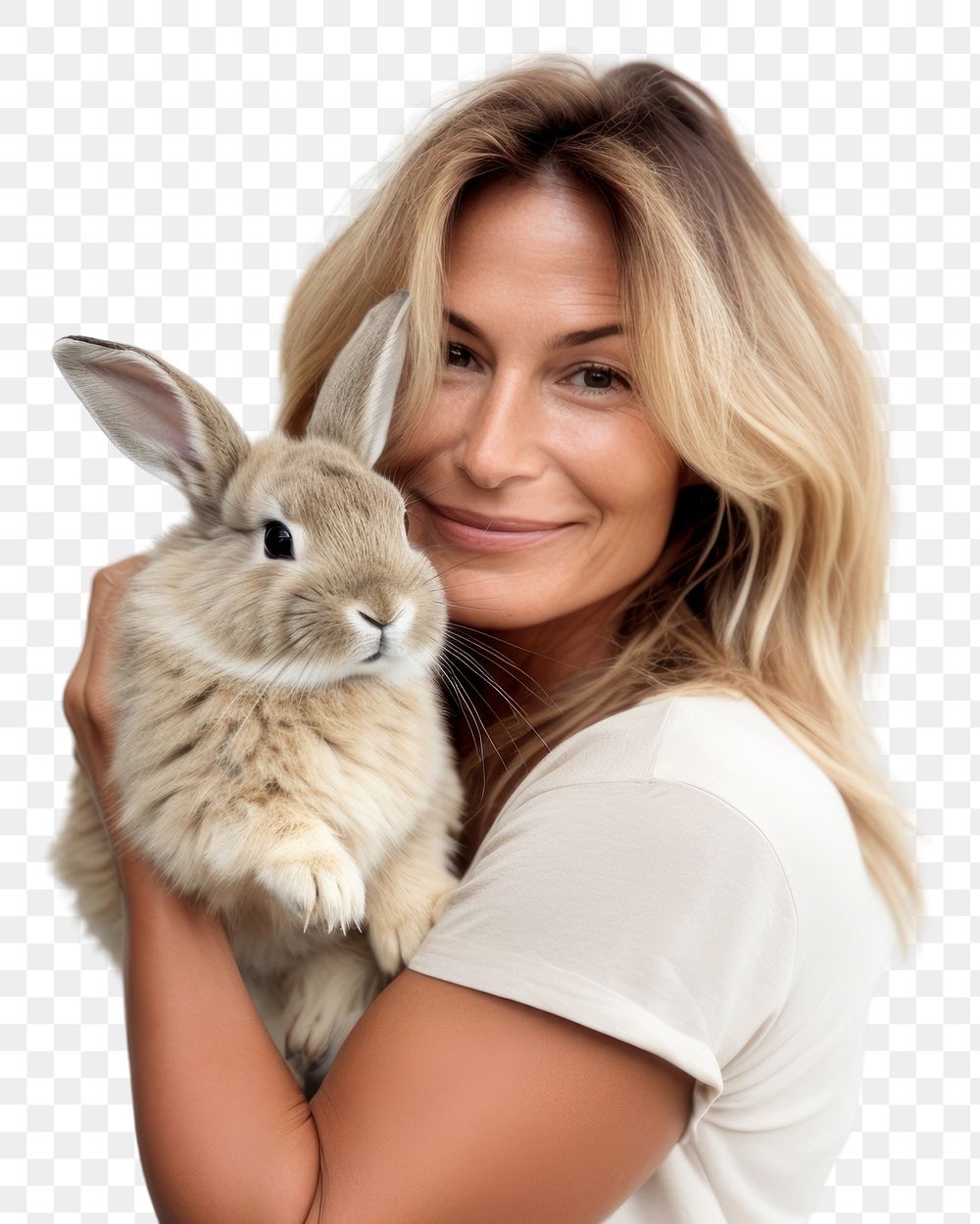 PNG  American middle age woman hugging rabbit portrait looking animal. AI generated Image by rawpixel.
