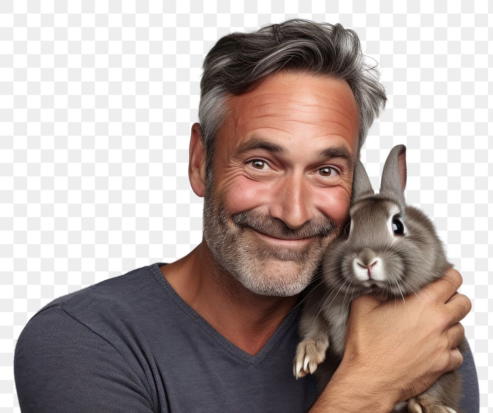 PNG  American middle age man hugging rabbit portrait animal mammal. AI generated Image by rawpixel.