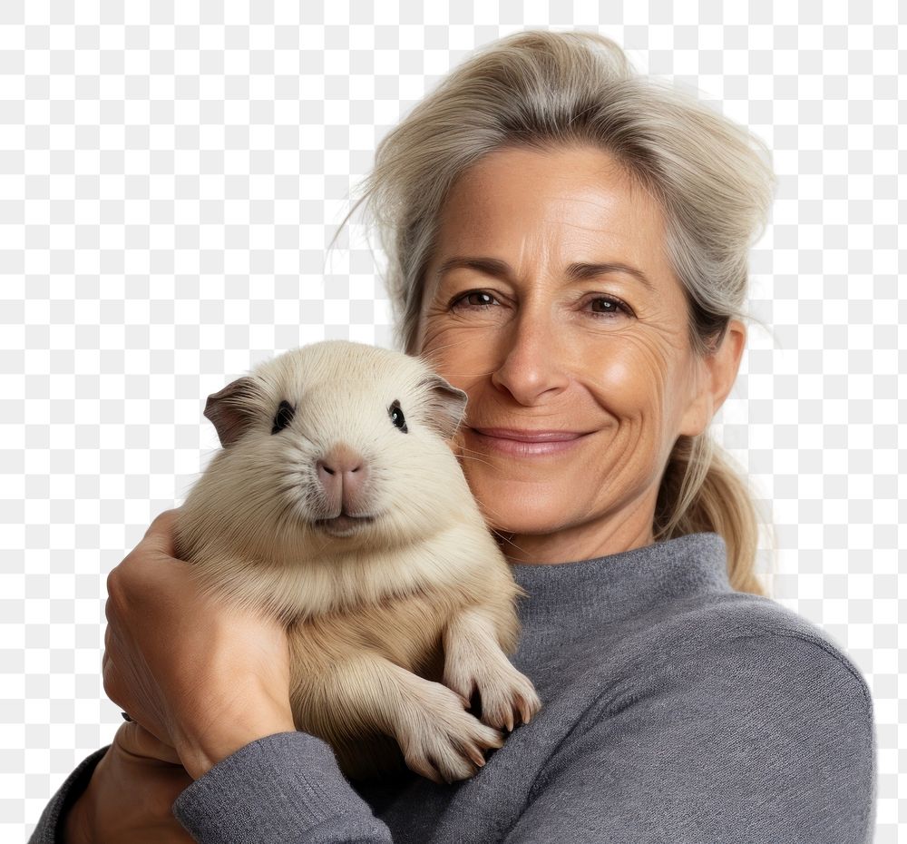 PNG  American middle age woman hugging guinea pig portrait animal mammal. AI generated Image by rawpixel.