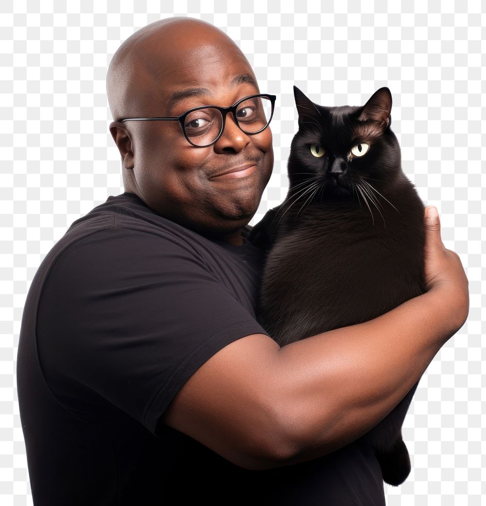 PNG  African american middle age chubby man hugging black cat pet portrait glasses. AI generated Image by rawpixel.