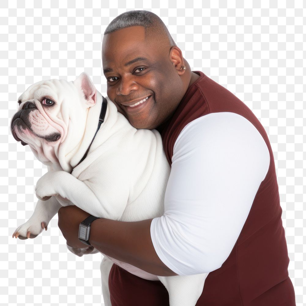 PNG  African american middle age chubby man hugging bulldog pet mammal animal. AI generated Image by rawpixel.