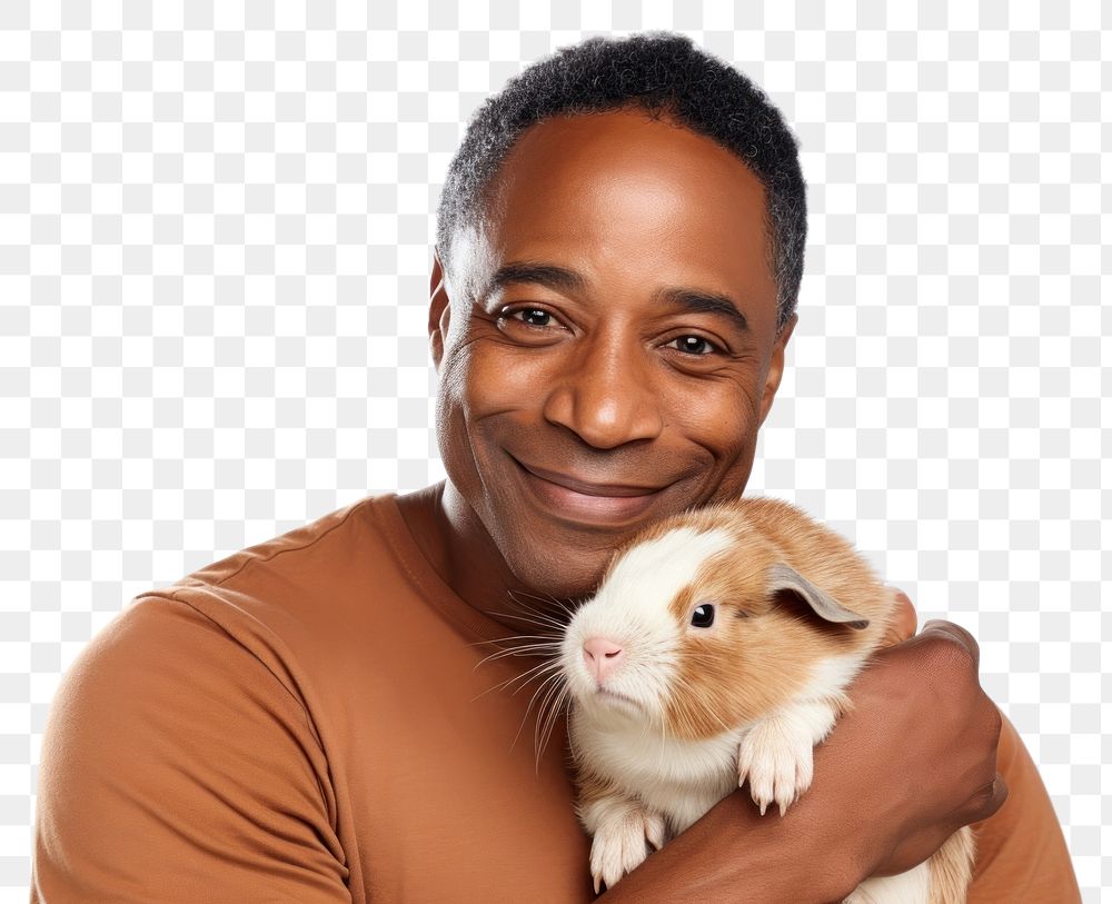 PNG  African american middle age man hugging guinea pig portrait animal mammal. AI generated Image by rawpixel.