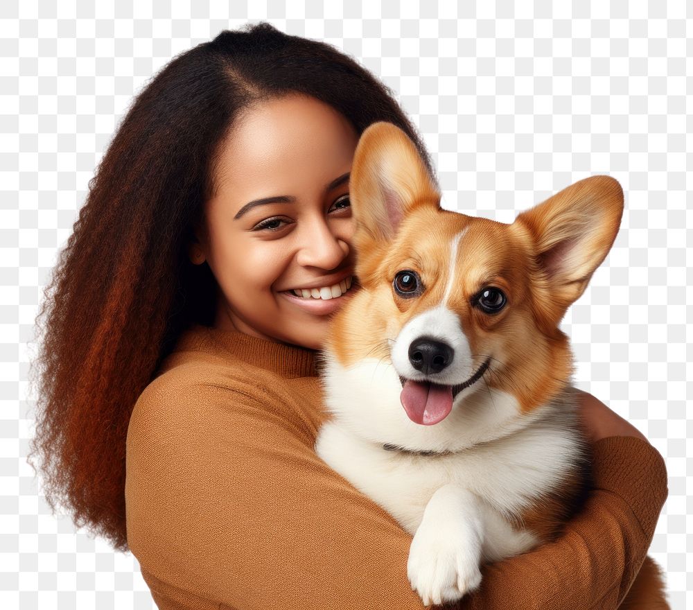 PNG  African american middle age woman hugging pembroke welsh corgi pet portrait looking. AI generated Image by rawpixel.