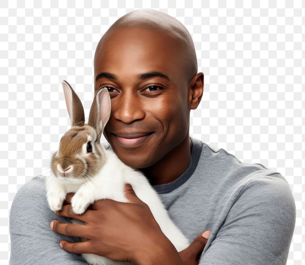 PNG  African american middle age man hugging rabbit portrait animal mammal. AI generated Image by rawpixel.