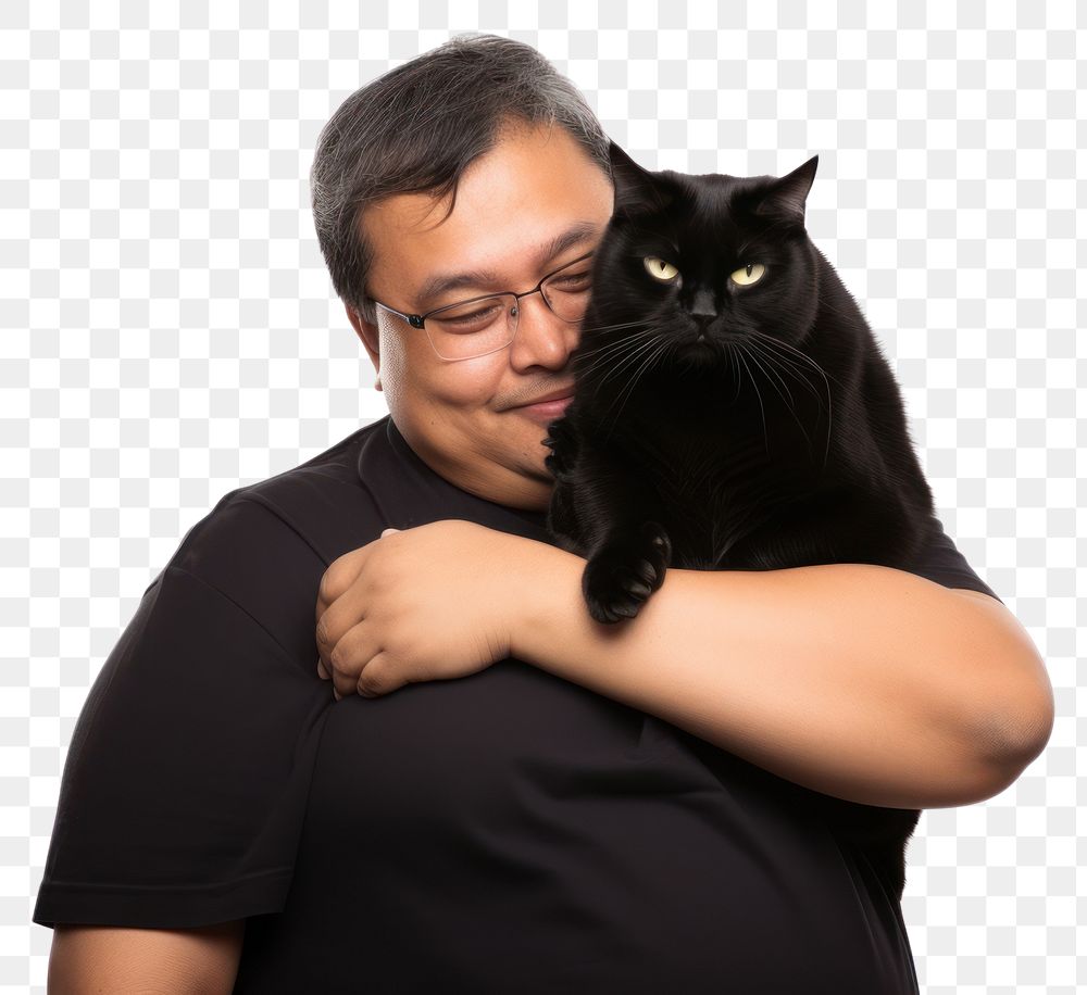 PNG  Asian middle age chubby man hugging black cat pet mammal animal. AI generated Image by rawpixel.