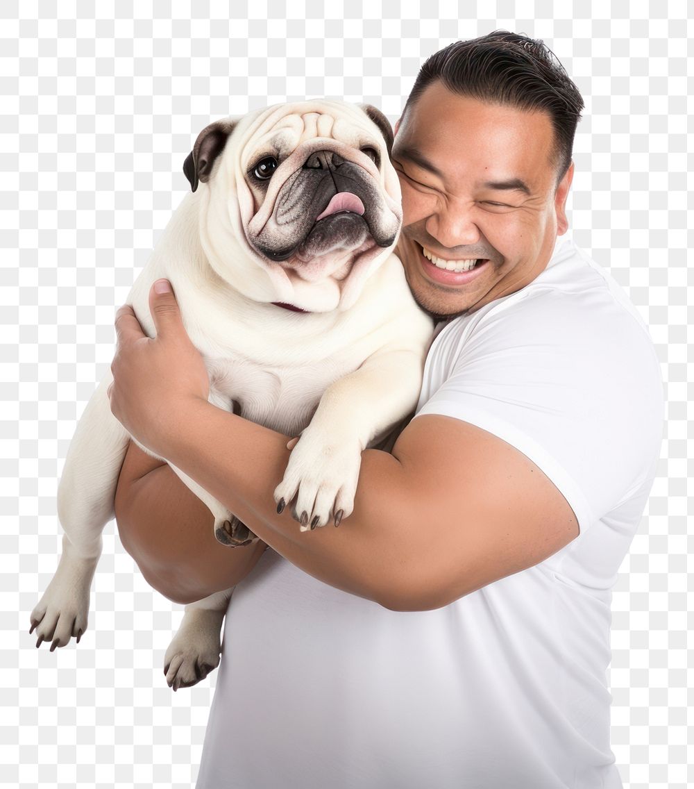 PNG  Asian middle age chubby man hugging bulldog pet portrait mammal. AI generated Image by rawpixel.